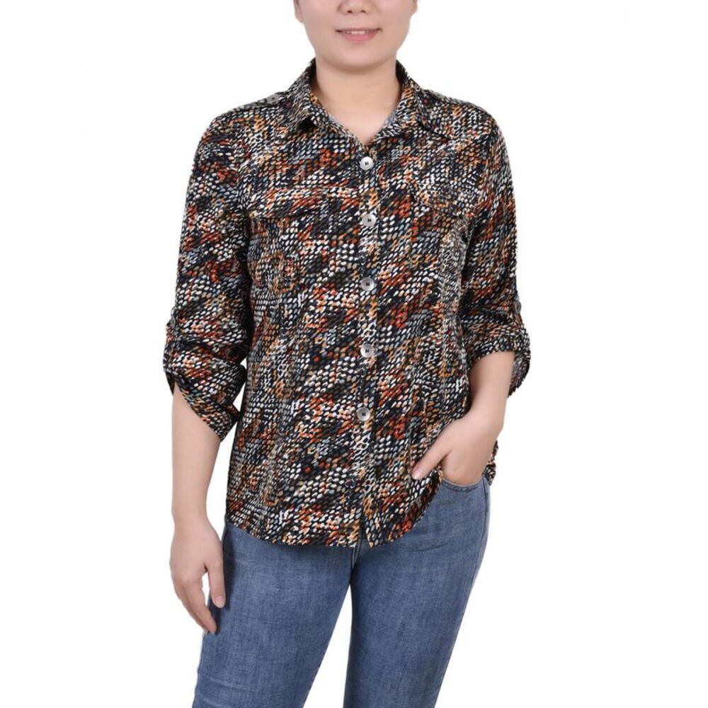 NY Collection Petite 3/4 Sleeve Roll Tab Blouse